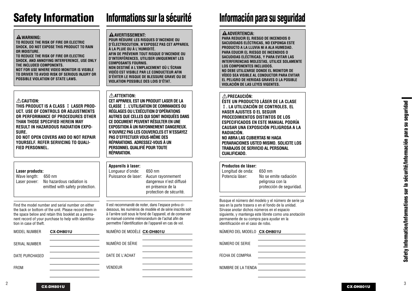 Safety information, Informations sur la sécurité, Información para su seguridad | Panasonic CX-DH801U User Manual | Page 2 / 36