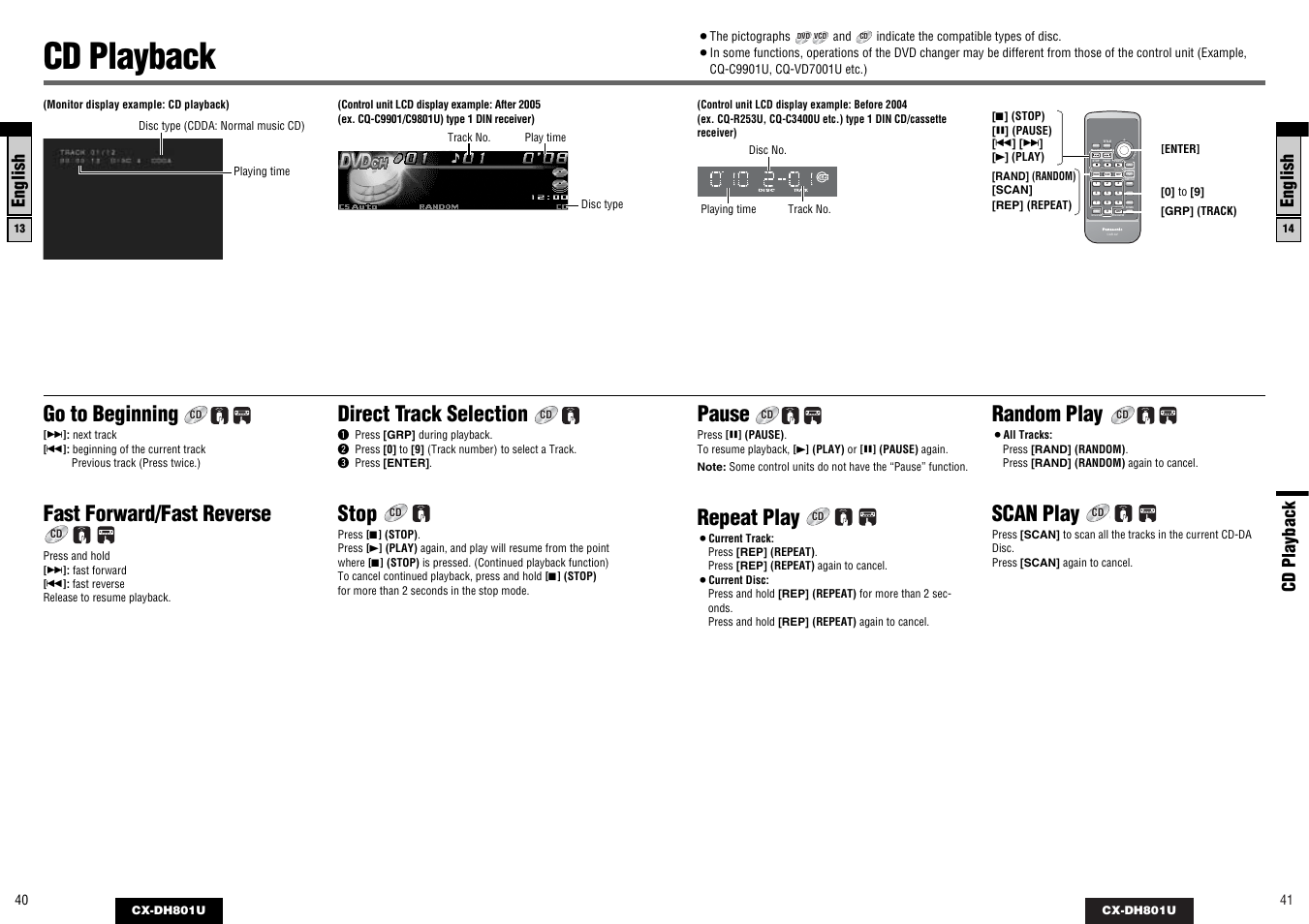 Cd playback, Go to beginning, Fast forward/fast reverse | Direct track selection, Stop, Pause, Repeat play, Random play, Scan play, Ntsc/pal title/chapter track | Panasonic CX-DH801U User Manual | Page 21 / 36
