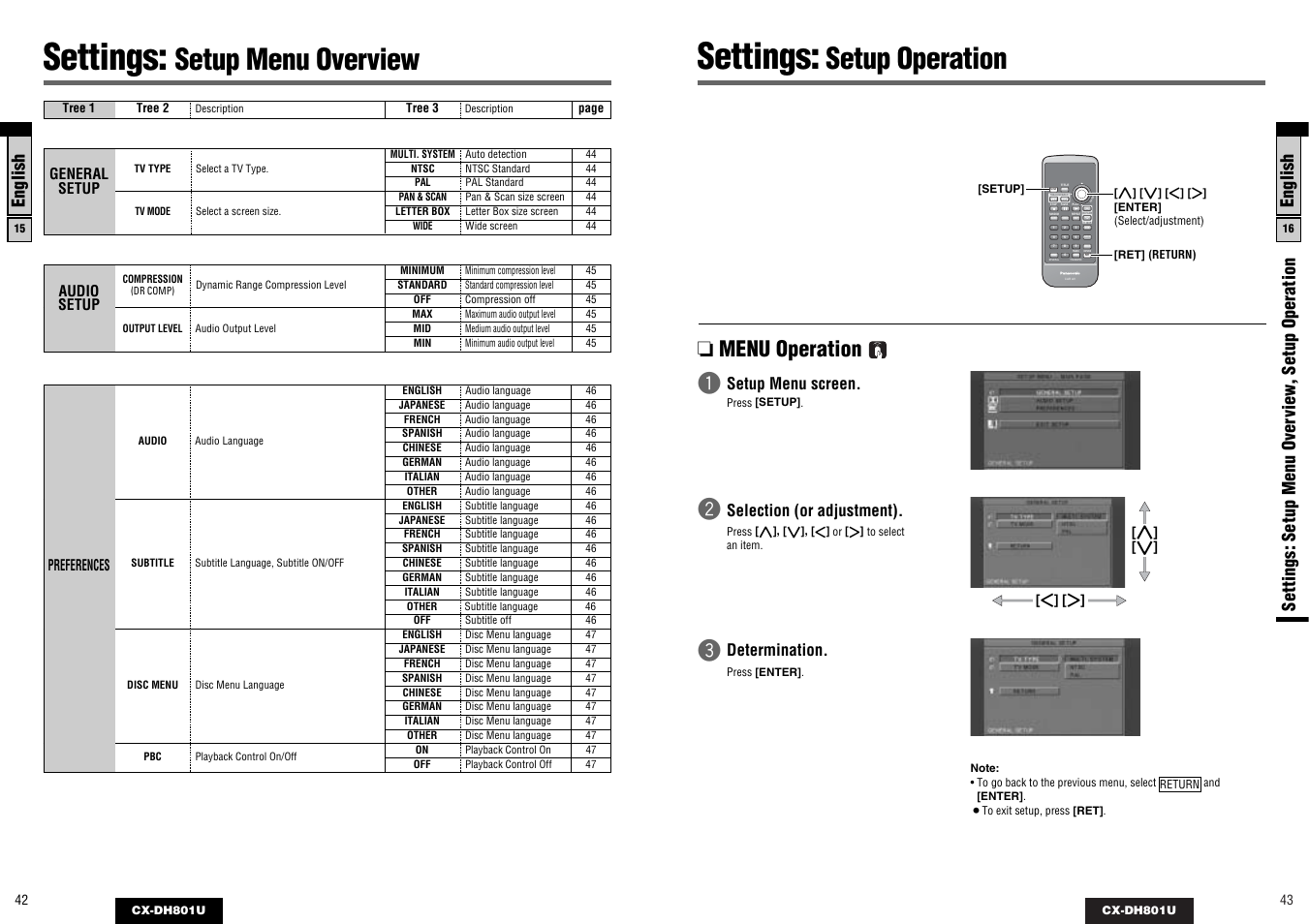 Settings, Setup menu overview, Setup operation | Menu operation, Ntsc/pal title/chapter track, Return, Setup, English, Setup menu screen, Selection (or adjustment) | Panasonic CX-DH801U User Manual | Page 22 / 36
