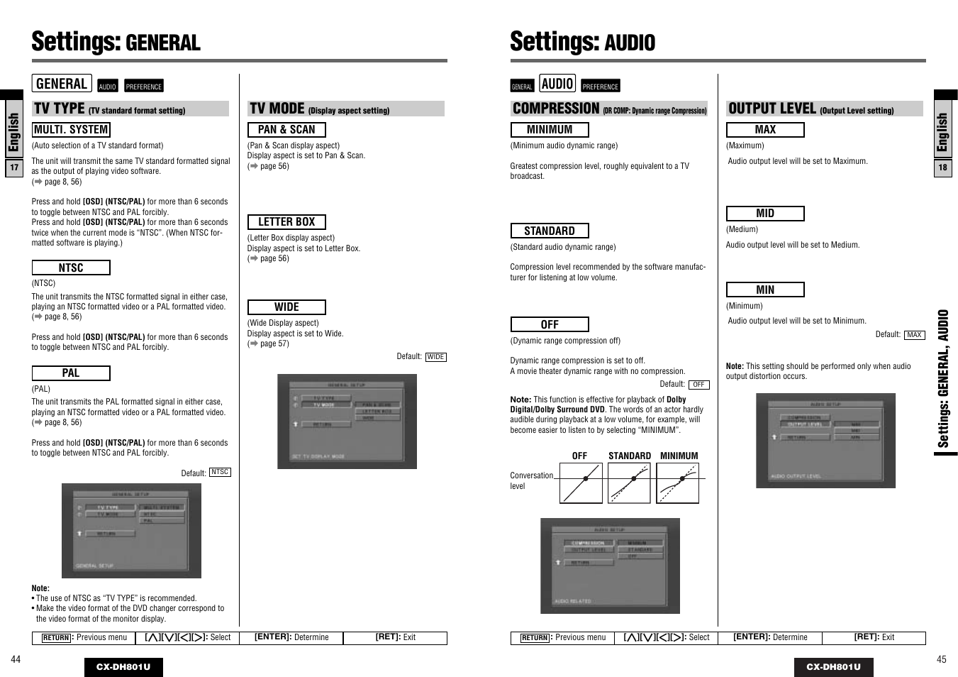 Settings, General, Audio | Tv type, Tv mode, Compression, Output level | Panasonic CX-DH801U User Manual | Page 23 / 36
