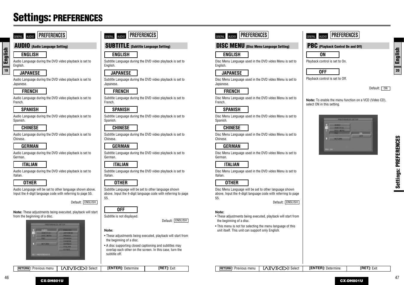 Settings, Preferences, Audio | Subtitle, Disc menu | Panasonic CX-DH801U User Manual | Page 24 / 36