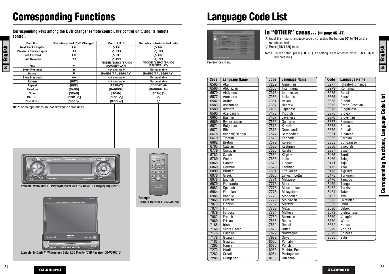 Corresponding functions, Language code list, Enter | Text, English, Corresponding functions, language code list | Panasonic CX-DH801U User Manual | Page 28 / 36