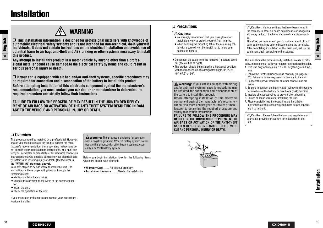 Installation, Warning | Panasonic CX-DH801U User Manual | Page 30 / 36