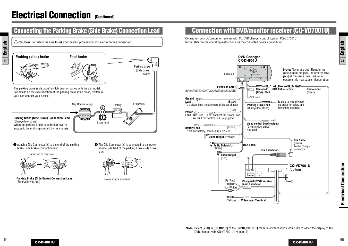 Electrical connection, Connection with dvd/monitor receiver (cq-vd7001u), English | Continued), Parking (side) brake foot brake | Panasonic CX-DH801U User Manual | Page 33 / 36
