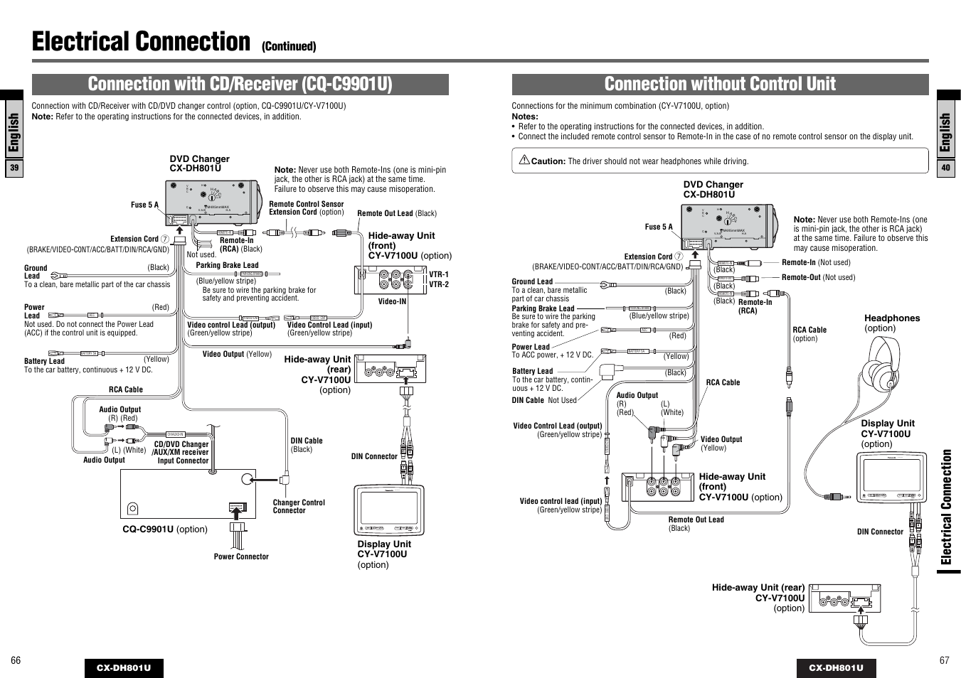 Electrical connection, Connection without control unit, Connection with cd/receiver (cq-c9901u) | Cy-v7100u phones, English, Continued) | Panasonic CX-DH801U User Manual | Page 34 / 36