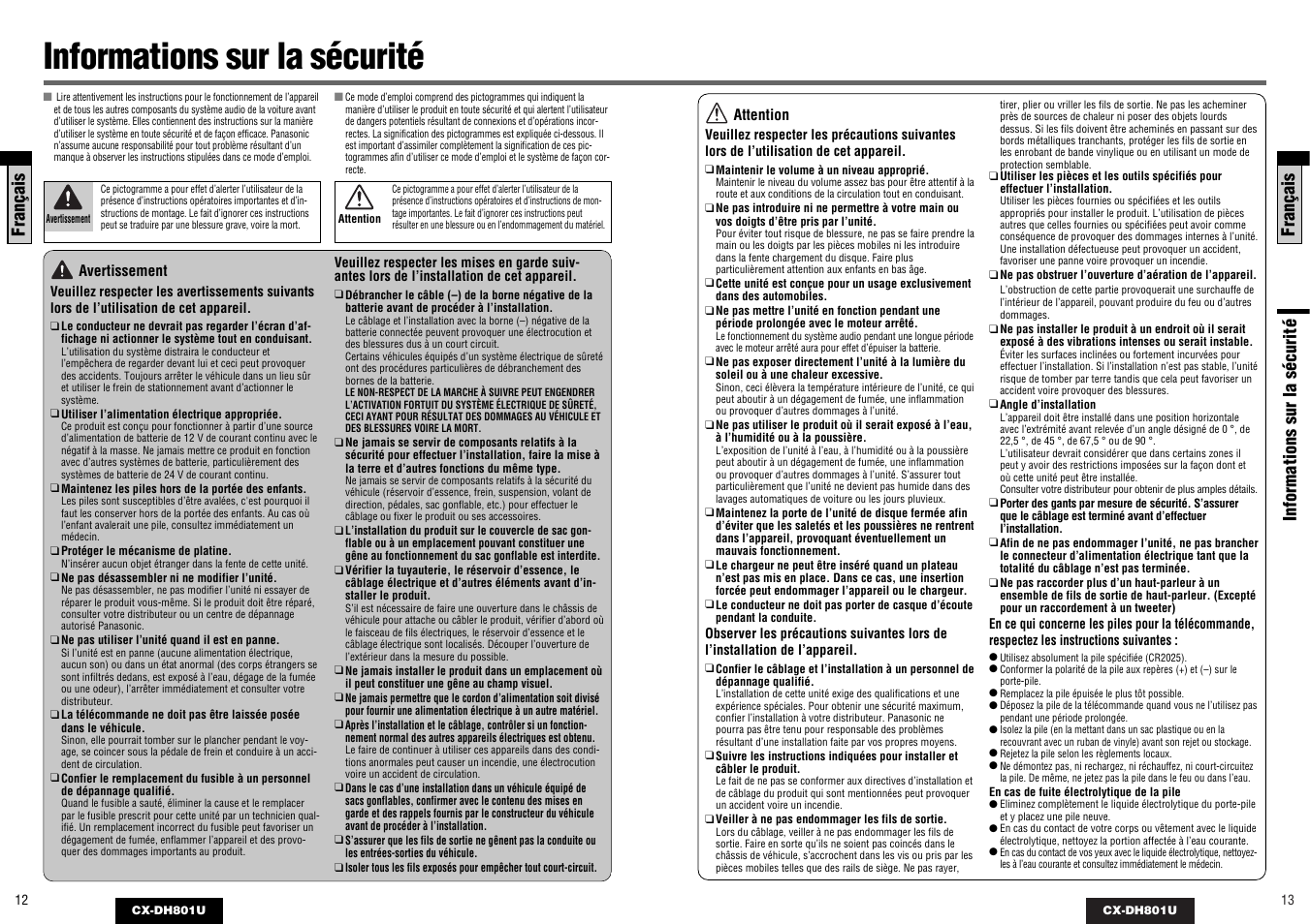 Informations sur la securite, Informations sur la sécurité, Français | Panasonic CX-DH801U User Manual | Page 7 / 36