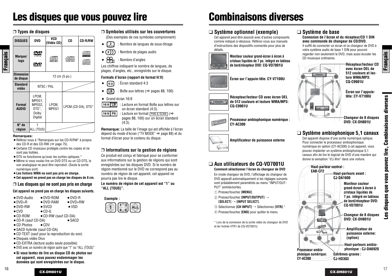 Les disques que vous pouvez lire, Combinaisons diverses | Panasonic CX-DH801U User Manual | Page 9 / 36