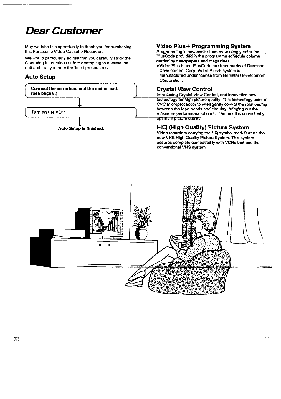 Auto setup, Video piush- programming system, Crystal view control | Hq (high quality) picture system, Dear customer | Panasonic NV-SD450B User Manual | Page 2 / 48