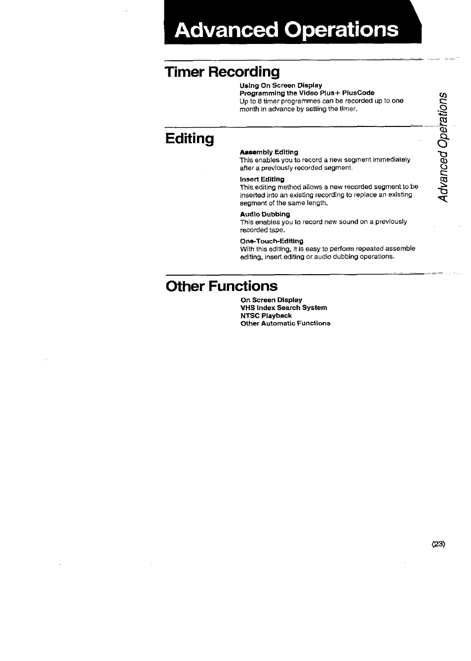 Advanced operations, Timer recording, Other functions | Editing | Panasonic NV-SD450B User Manual | Page 23 / 48