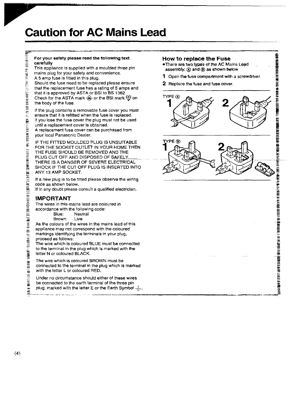 Caution for ac mains lead, I important, Iimportant | How to replace the fuse | Panasonic NV-SD450B User Manual | Page 4 / 48