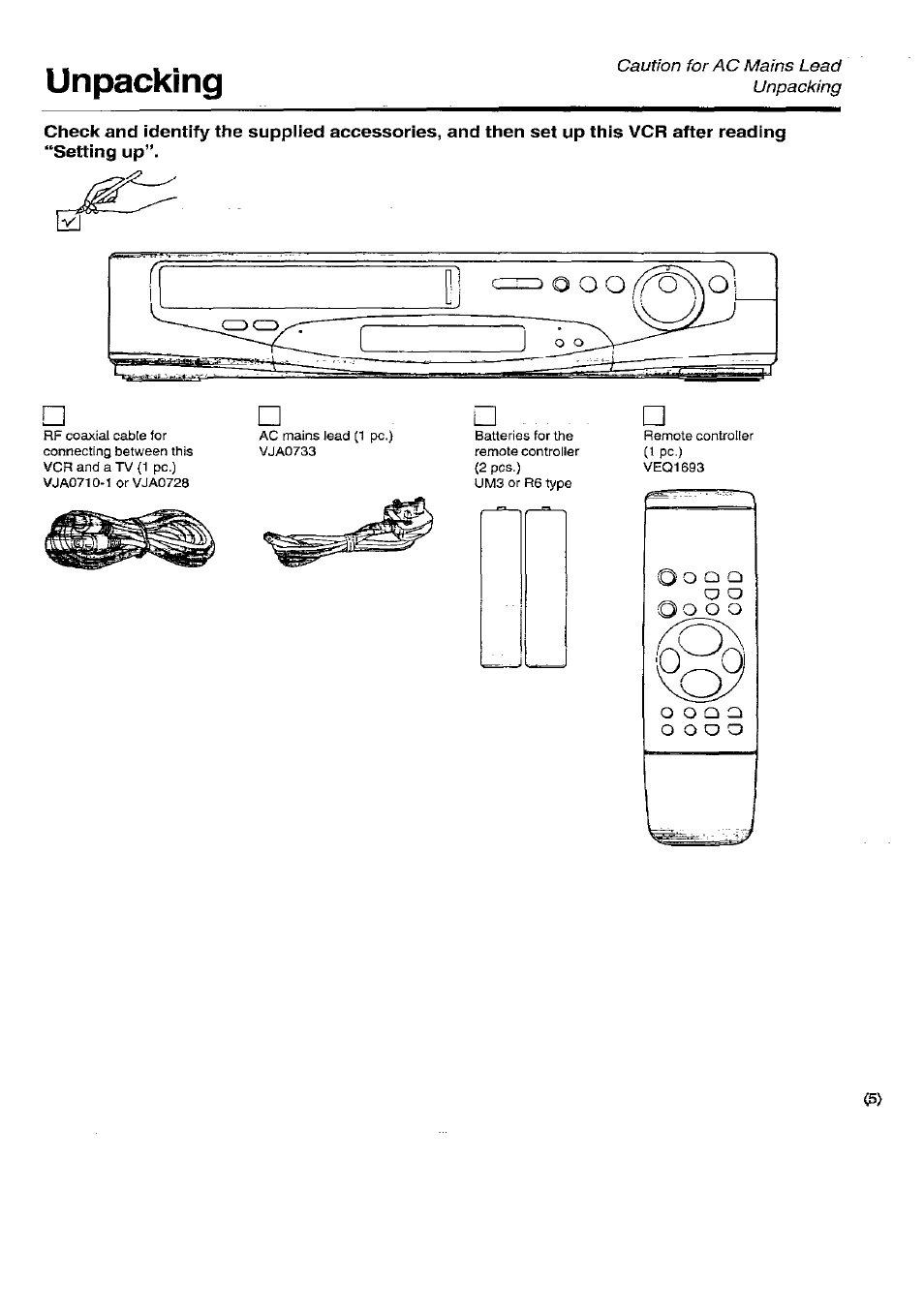 Unpacking | Panasonic NV-SD450B User Manual | Page 5 / 48