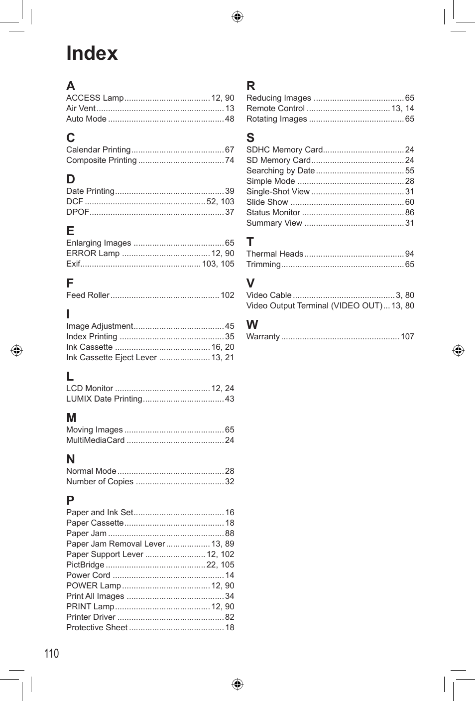 Index | Panasonic KX-PX20M User Manual | Page 110 / 112