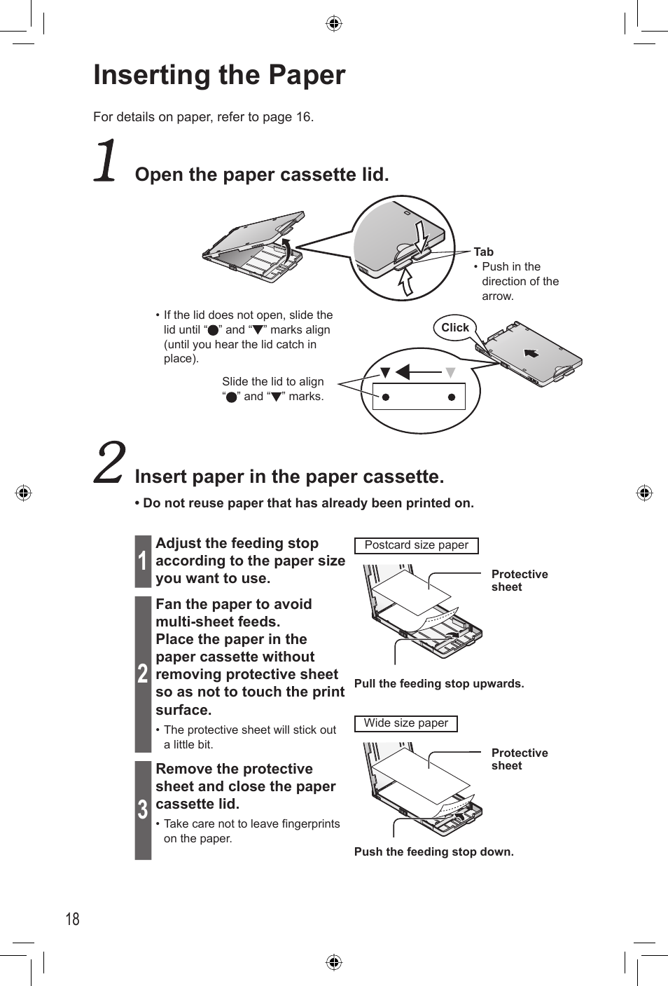 Inserting the paper, Open the paper cassette lid, Insert paper in the paper cassette | Panasonic KX-PX20M User Manual | Page 18 / 112