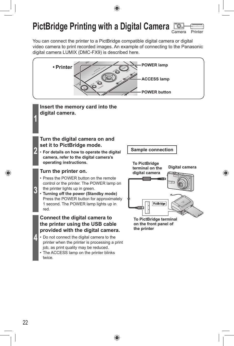 Printing, Pictbridge printing with a digital camera | Panasonic KX-PX20M User Manual | Page 22 / 112