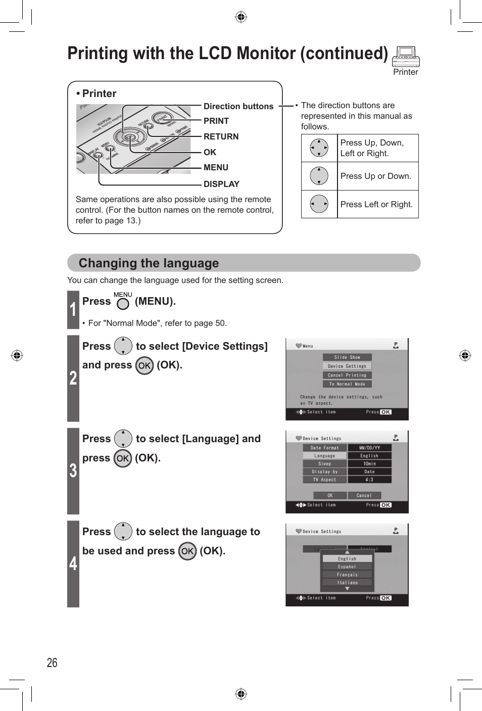 Printing with the lcd monitor (continued), Changing the language | Panasonic KX-PX20M User Manual | Page 26 / 112