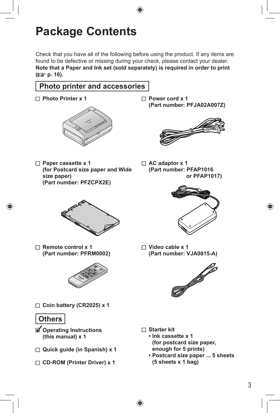 Before use, Package contents, Others | Photo printer and accessories | Panasonic KX-PX20M User Manual | Page 3 / 112