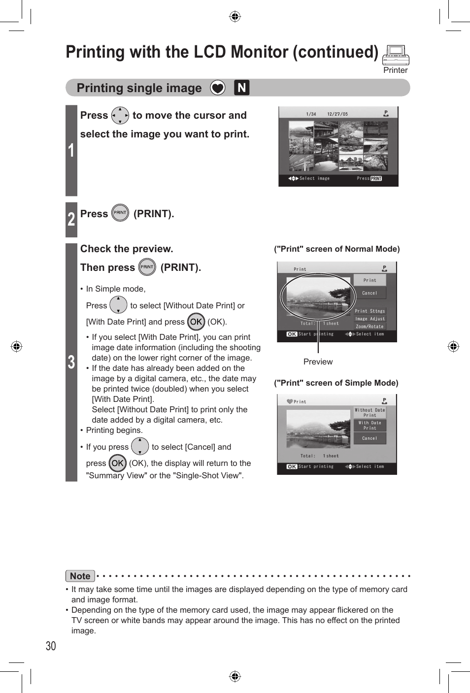 Printing with the lcd monitor (continued), Printing single image | Panasonic KX-PX20M User Manual | Page 30 / 112