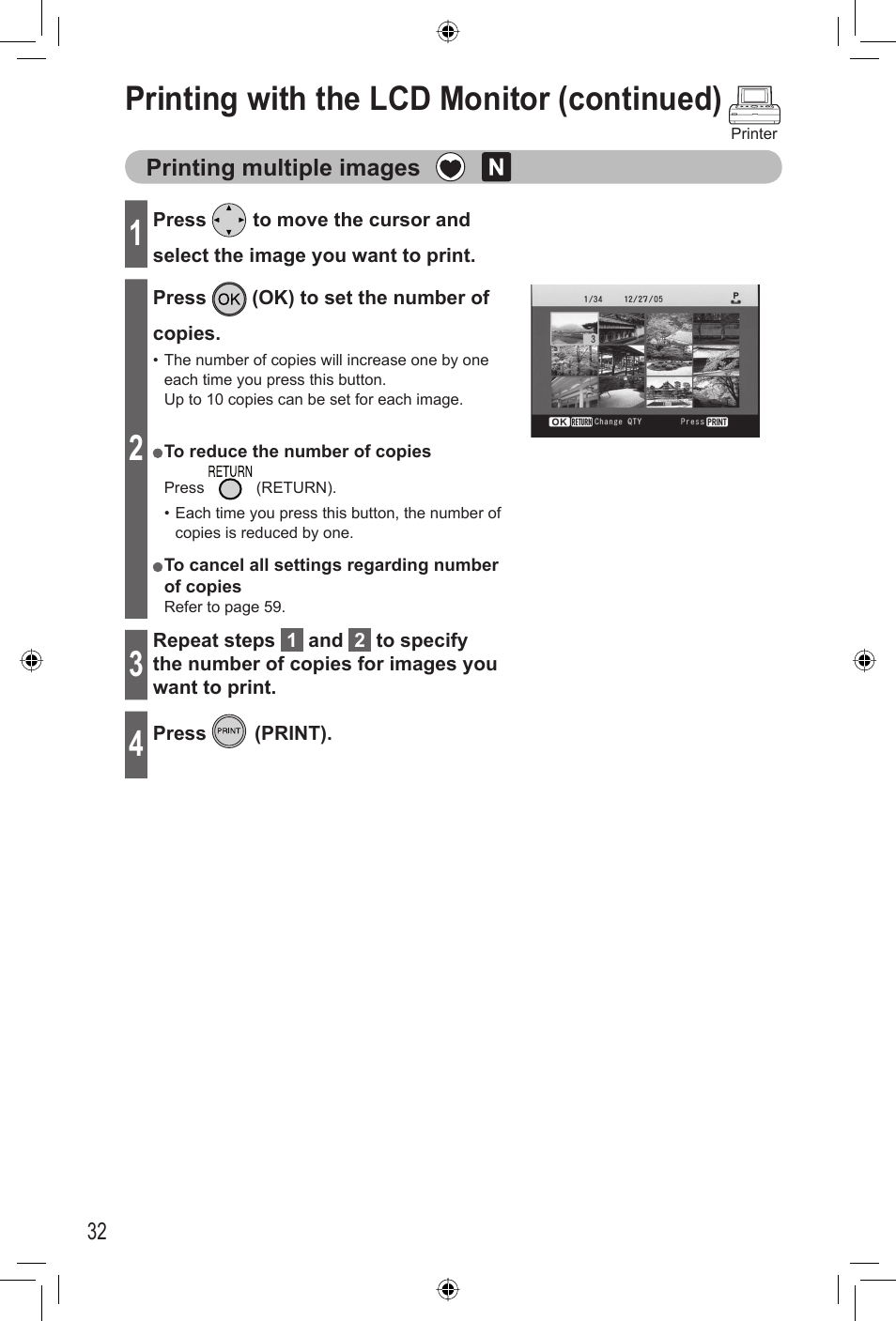 Printing with the lcd monitor (continued), Printing multiple images | Panasonic KX-PX20M User Manual | Page 32 / 112