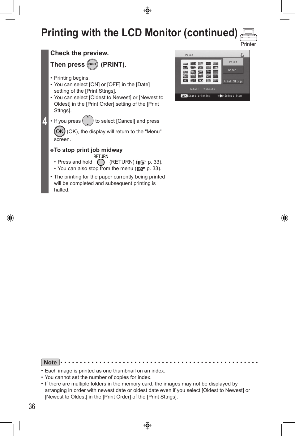 Printing with the lcd monitor (continued) | Panasonic KX-PX20M User Manual | Page 36 / 112