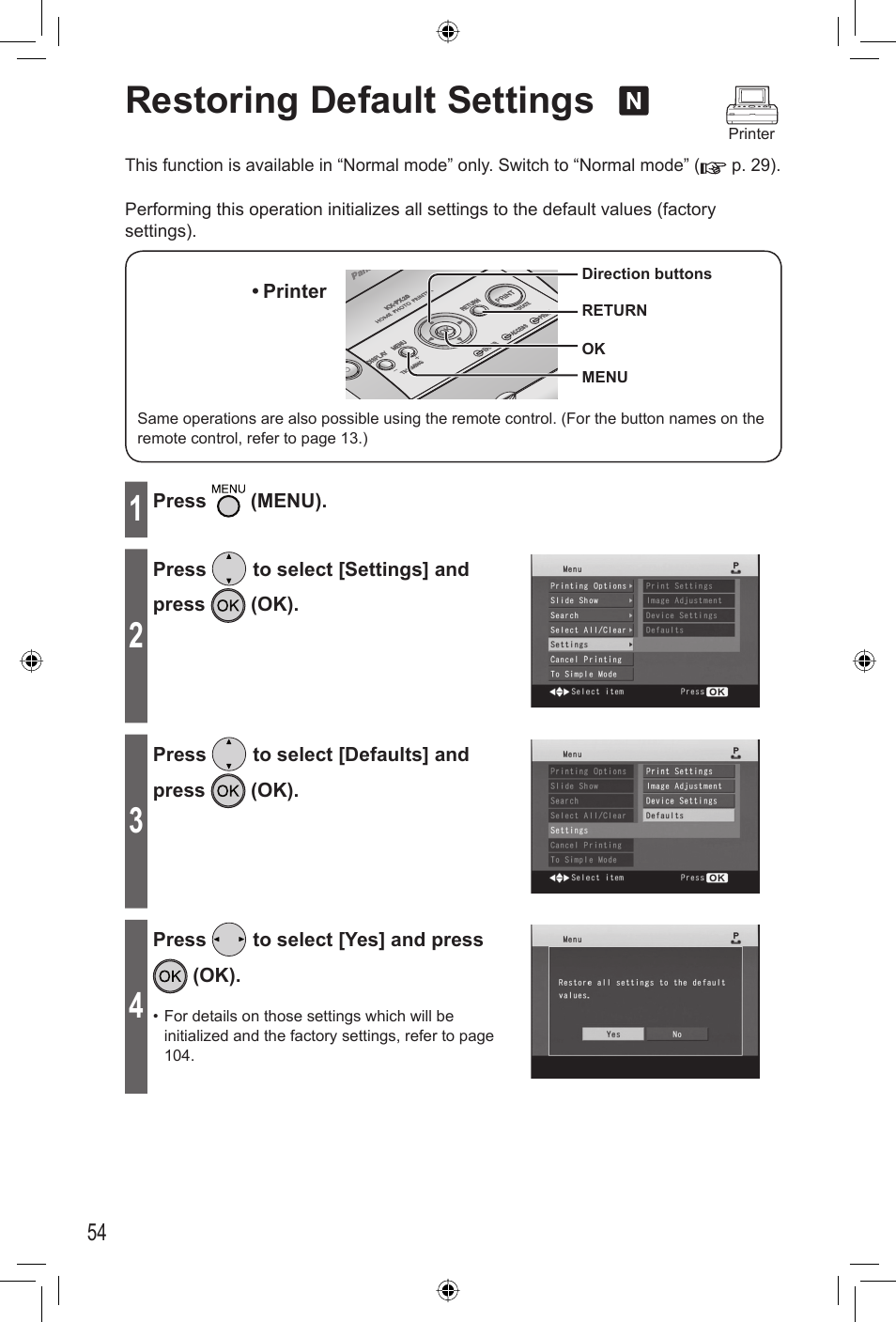 Restoring default settings | Panasonic KX-PX20M User Manual | Page 54 / 112