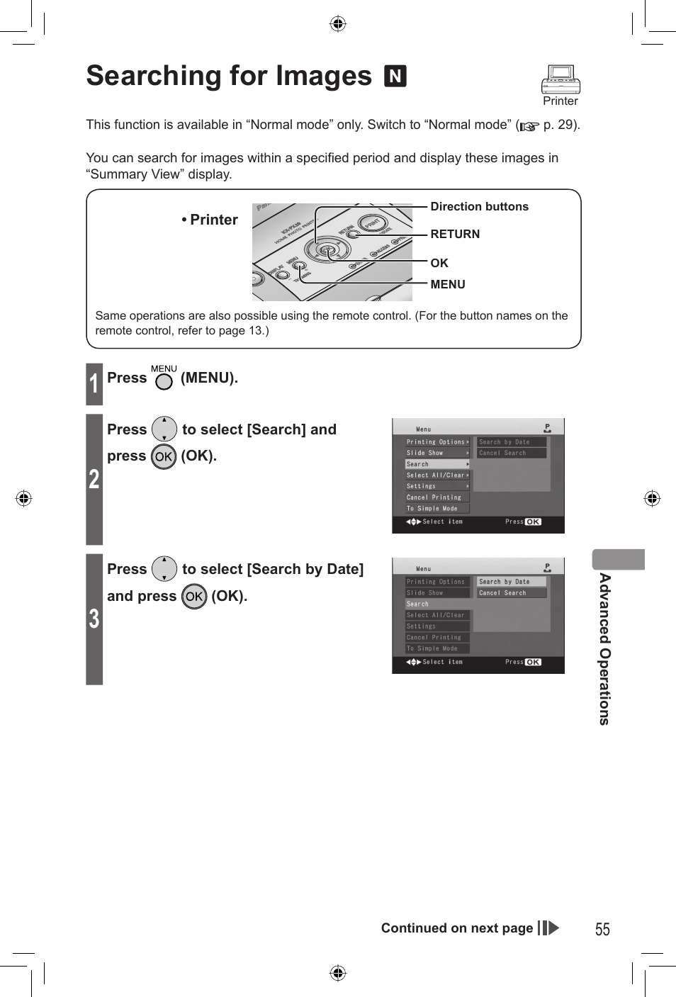 Advanced operations, Searching for images | Panasonic KX-PX20M User Manual | Page 55 / 112
