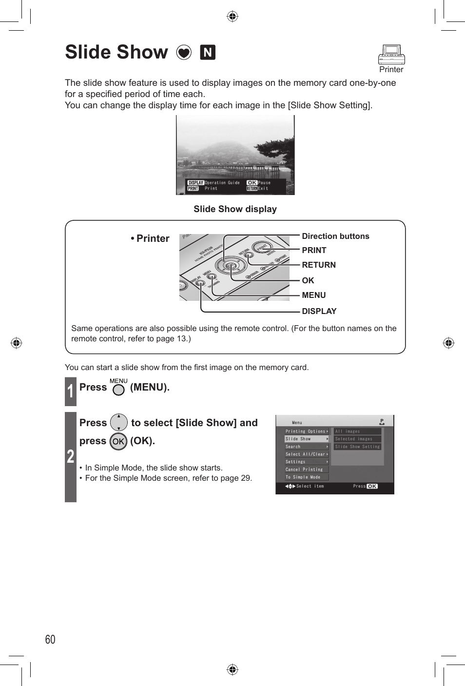 Side show, Slide show | Panasonic KX-PX20M User Manual | Page 60 / 112