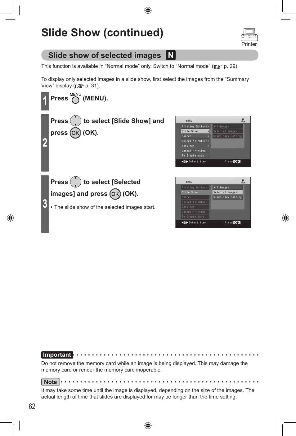 Slide show (continued), Slide show of selected images | Panasonic KX-PX20M User Manual | Page 62 / 112