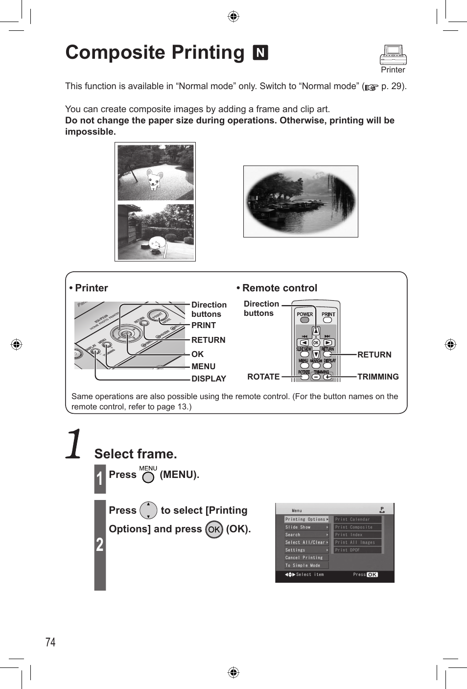 Composite printing, Select frame | Panasonic KX-PX20M User Manual | Page 74 / 112