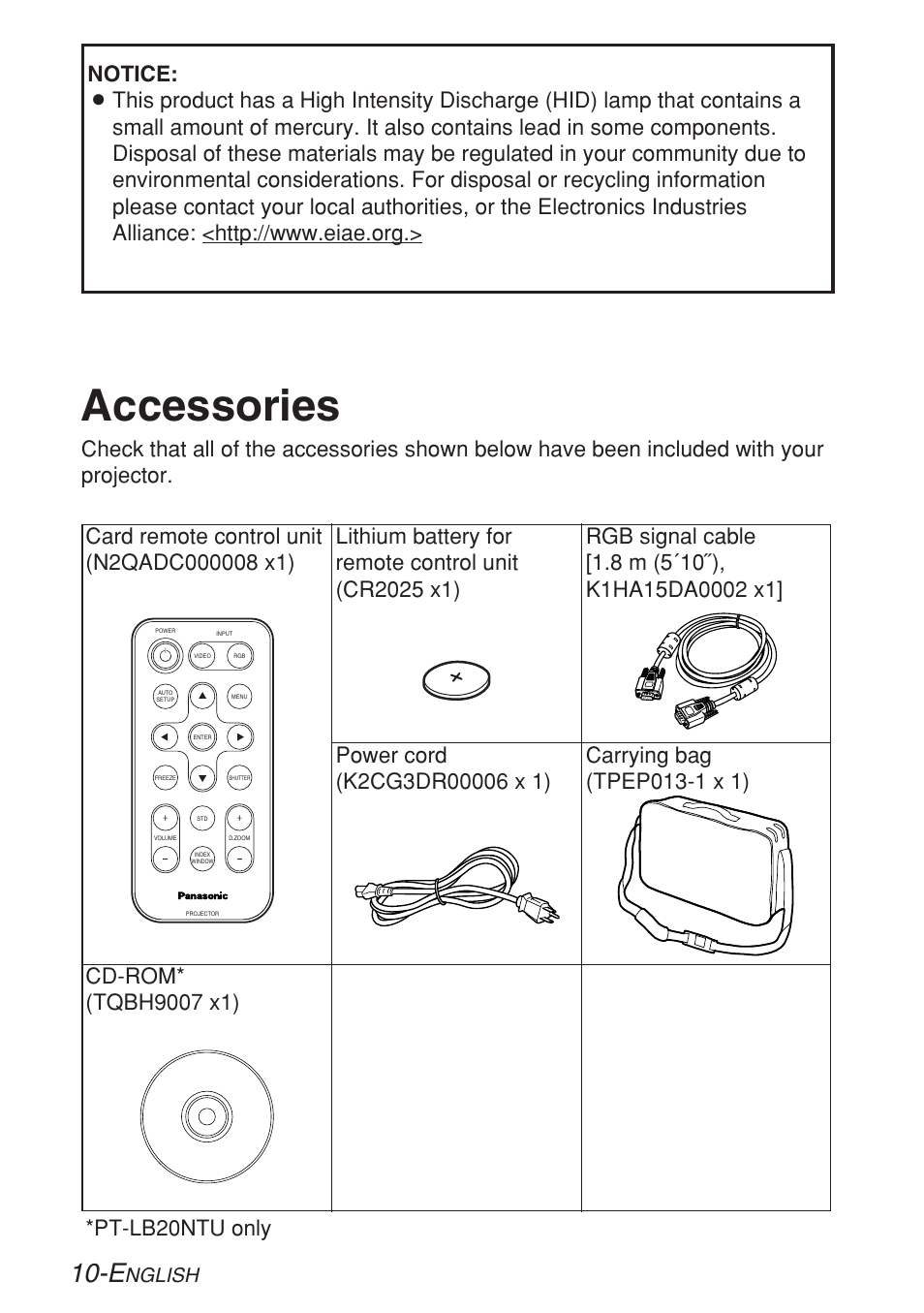 Accessories, Nglish | Panasonic LB20NTU User Manual | Page 10 / 144