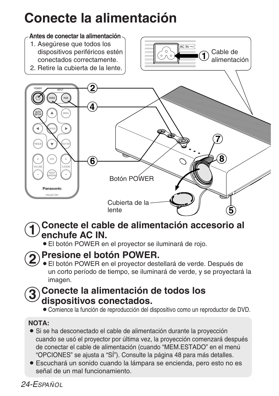 Funcionamiento basico, Conecte la alimentacion, Conecte la alimentación | Presione el botón power | Panasonic LB20NTU User Manual | Page 100 / 144