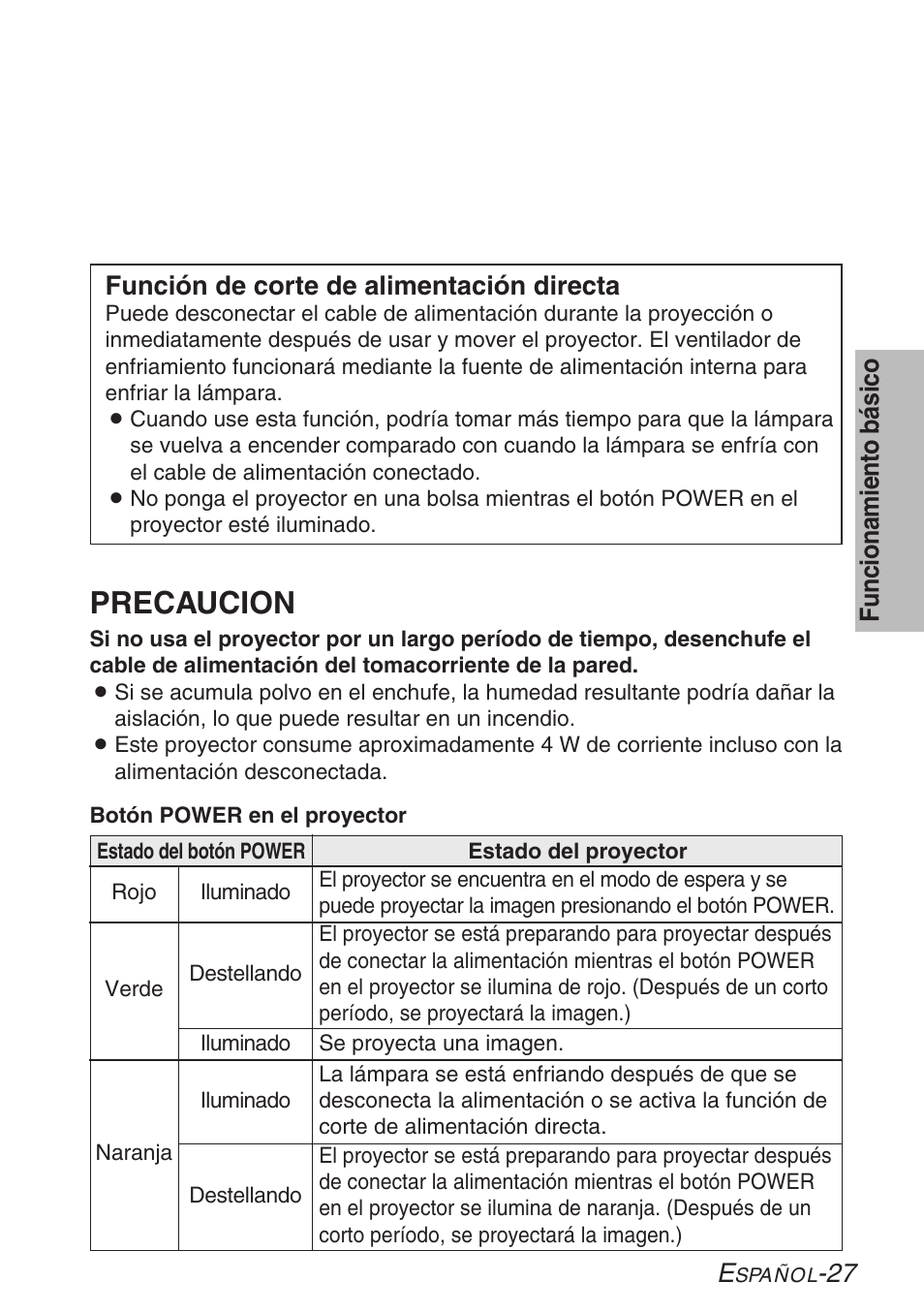 Precaucion, 27 funcionamiento básico, Función de corte de alimentación directa | Panasonic LB20NTU User Manual | Page 103 / 144