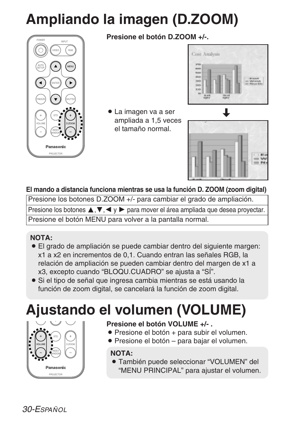 Ampliando la imagen, Ajustando el volumen, Spañol | Panasonic LB20NTU User Manual | Page 106 / 144