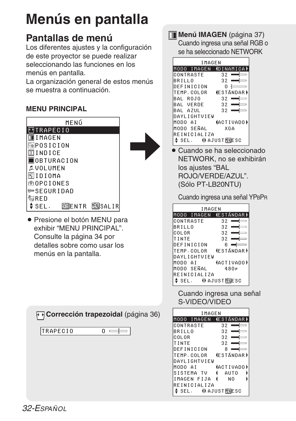 Configuracion y ajustes, Menus en pantalla, Menús en pantalla | Pantallas de menú | Panasonic LB20NTU User Manual | Page 108 / 144