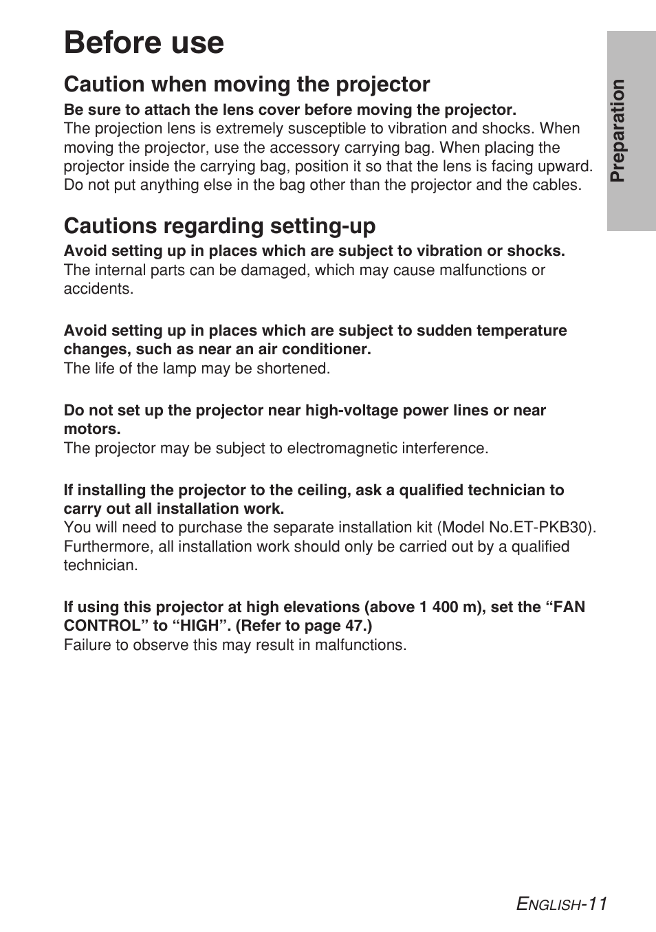 Before use, Caution when moving the projector, Cautions regarding setting-up | Panasonic LB20NTU User Manual | Page 11 / 144