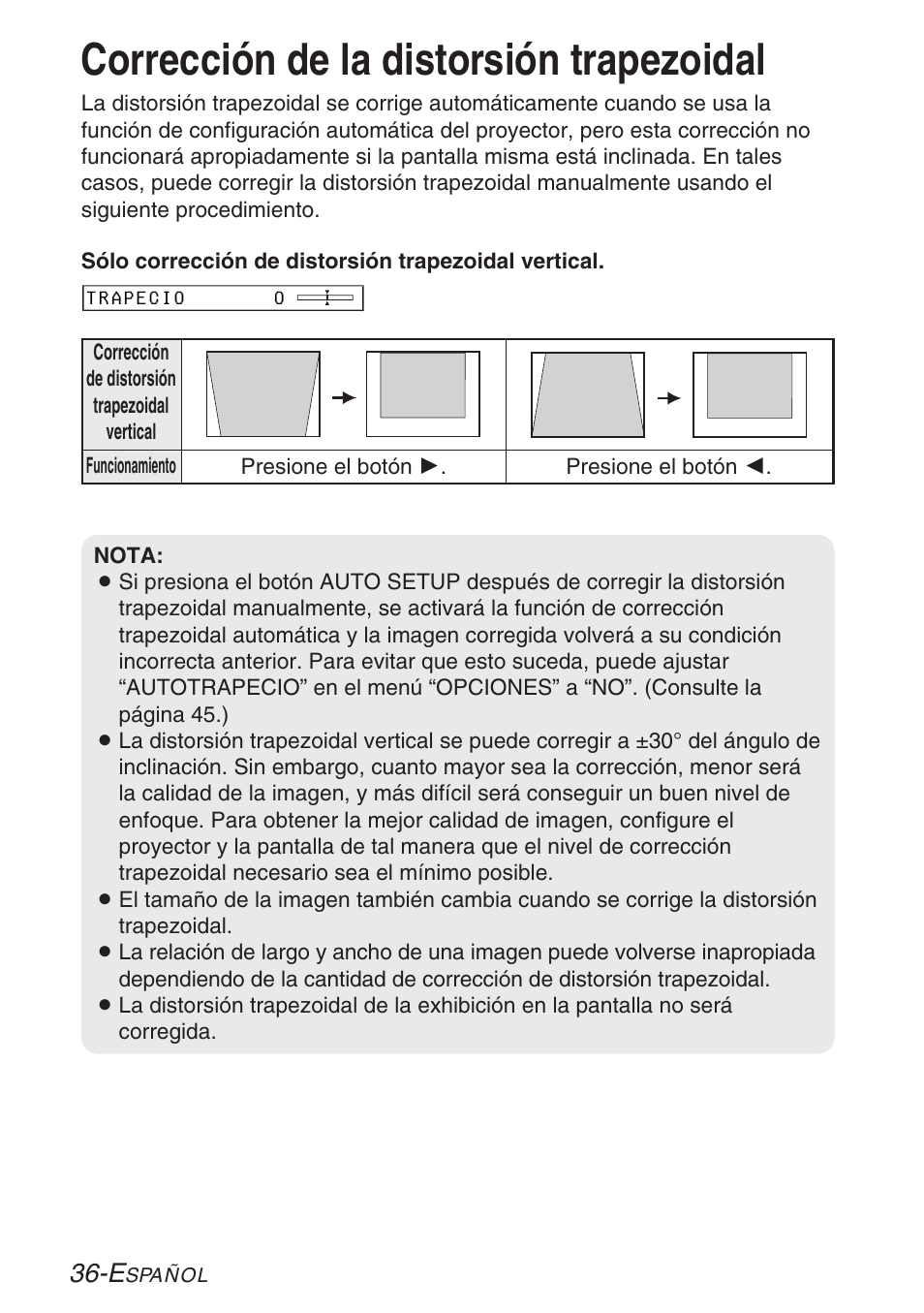 Correccion de la distorsion trapezoidal, Corrección de la distorsión trapezoidal | Panasonic LB20NTU User Manual | Page 112 / 144
