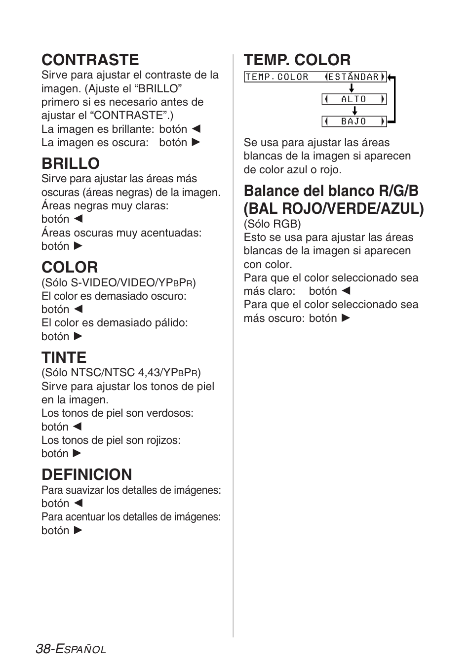Contraste, Brillo, Color | Tinte, Definicion, Temp. color, Balance del blanco r/g/b (bal rojo/verde/azul) | Panasonic LB20NTU User Manual | Page 114 / 144