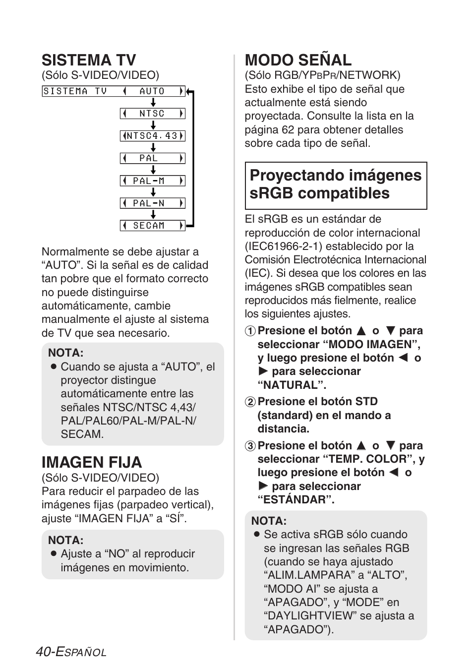 Sistema tv, Imagen fija, Modo señal | Proyectando imágenes srgb compatibles | Panasonic LB20NTU User Manual | Page 116 / 144
