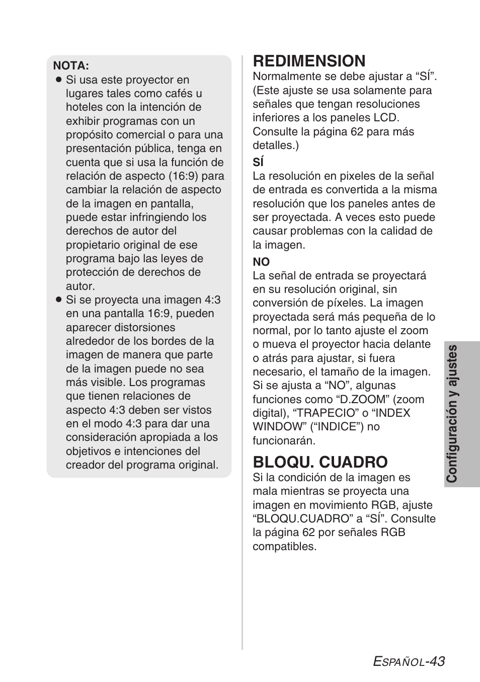 Redimension, Bloqu. cuadro | Panasonic LB20NTU User Manual | Page 119 / 144