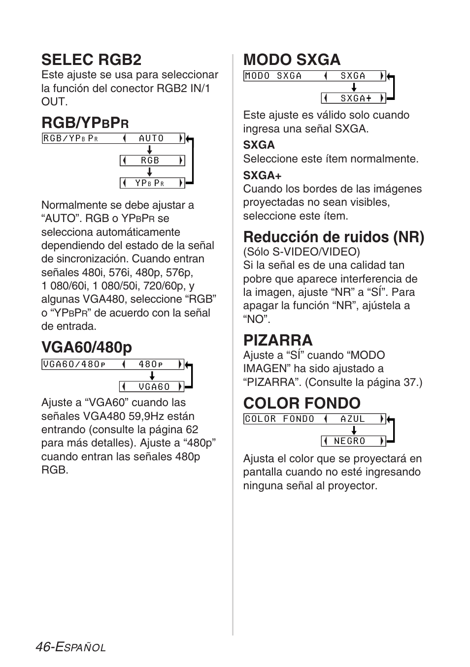 Selec rgb2, Rgb/yp, Modo sxga | Reducción de ruidos (nr), Pizarra, Color fondo | Panasonic LB20NTU User Manual | Page 122 / 144