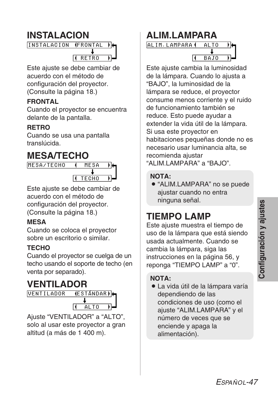 Instalacion, Mesa/techo, Ventilador | Alim.lampara, Tiempo lamp | Panasonic LB20NTU User Manual | Page 123 / 144
