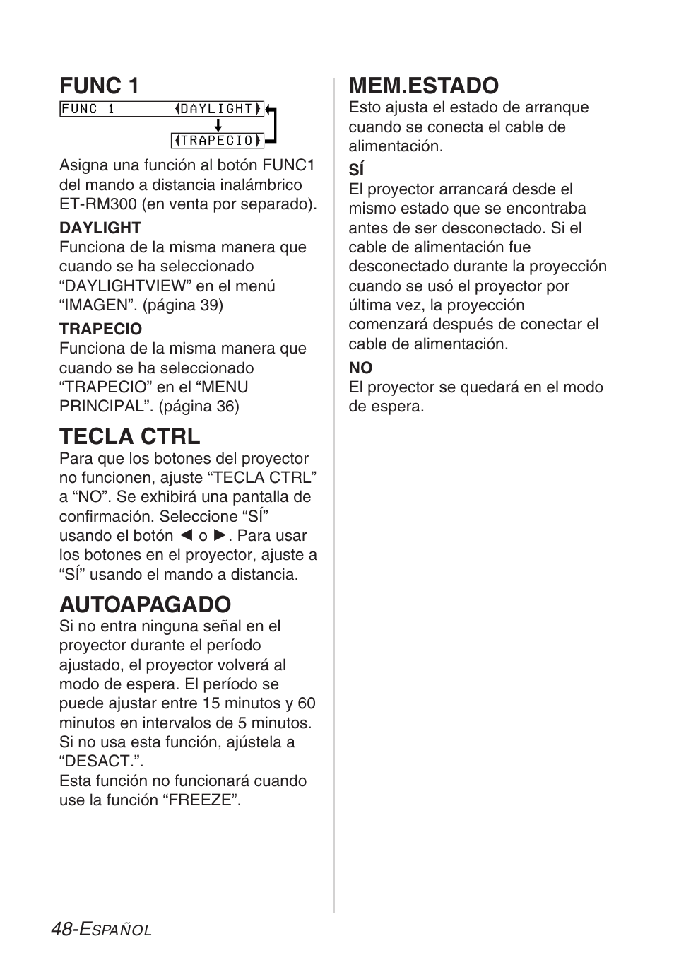 Func 1, Tecla ctrl, Autoapagado | Mem.estado | Panasonic LB20NTU User Manual | Page 124 / 144