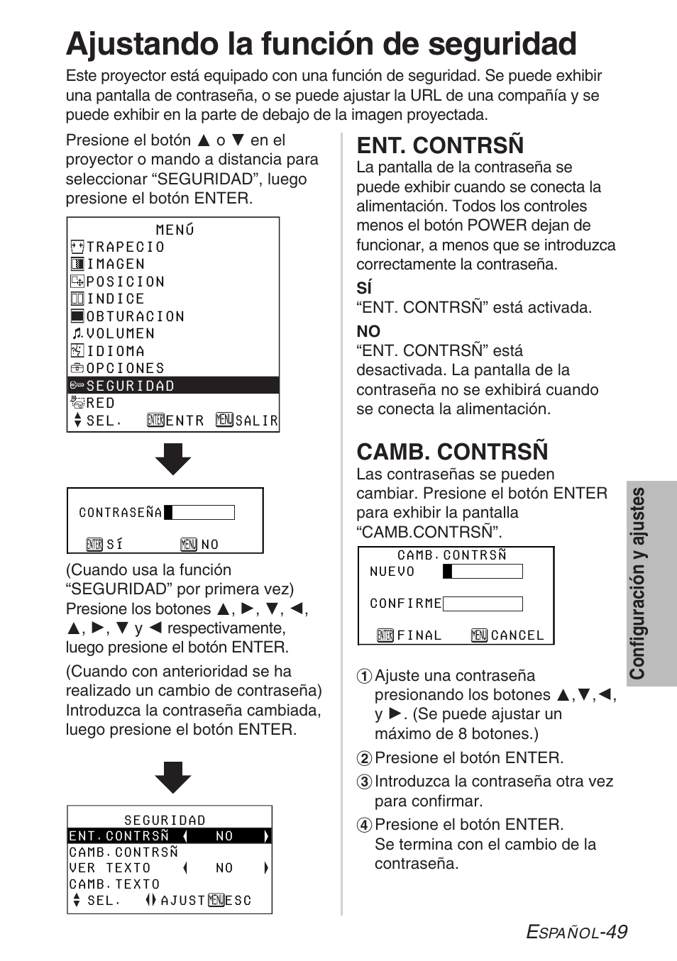 Ajustando la funcion de seguridad, Ajustando la función de seguridad, Ent. contrsñ | Camb. contrsñ | Panasonic LB20NTU User Manual | Page 125 / 144
