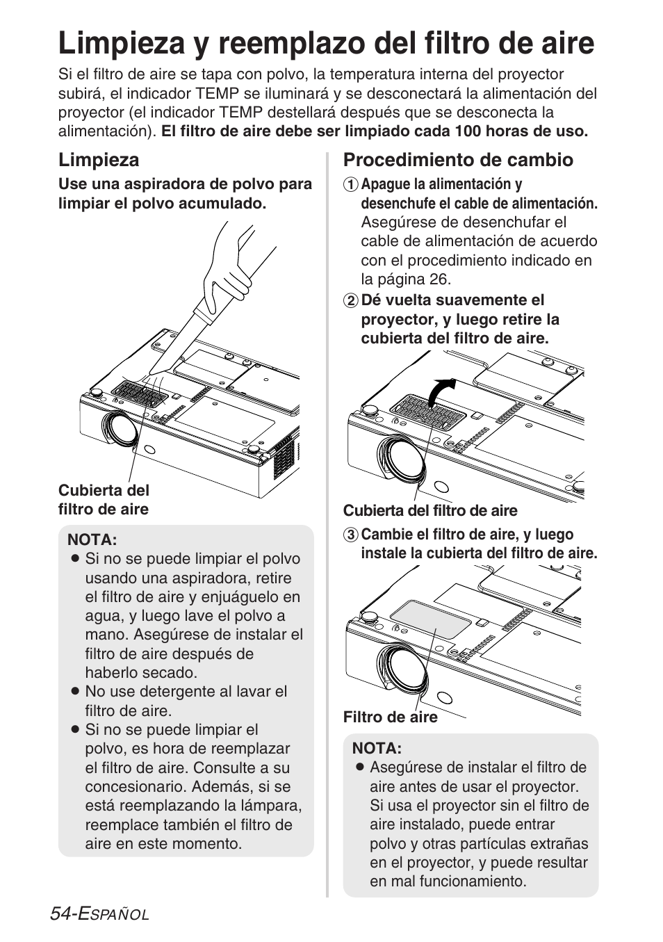 Limpieza y reemplazo del filtro de aire, Limpieza, Procedimiento de cambio | Panasonic LB20NTU User Manual | Page 130 / 144
