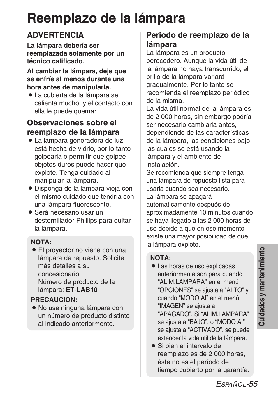Reemplazo de la lampara, Reemplazo de la lámpara | Panasonic LB20NTU User Manual | Page 131 / 144