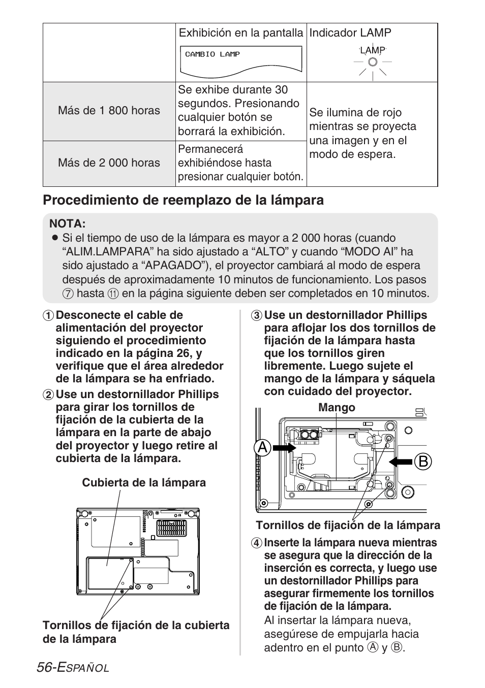 Procedimiento de reemplazo de la lámpara | Panasonic LB20NTU User Manual | Page 132 / 144