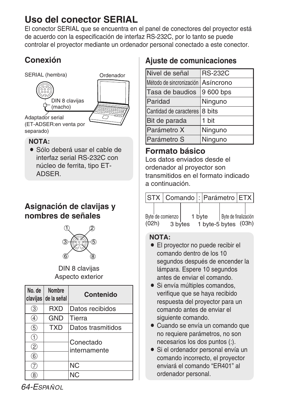 Uso del conector serial, Formato básico, Ajuste de comunicaciones | Panasonic LB20NTU User Manual | Page 140 / 144