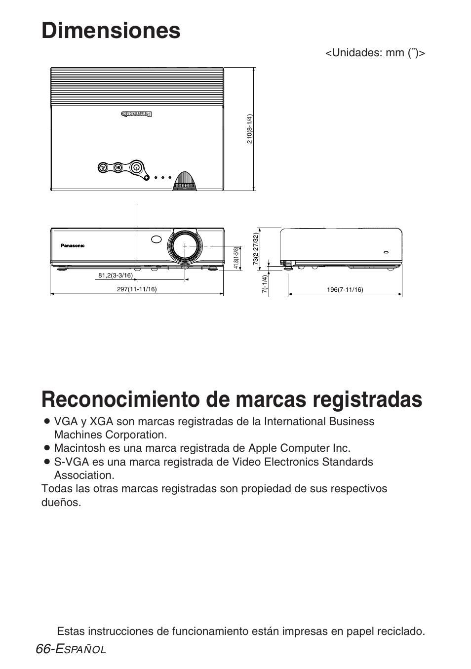 Dimensionees, Reconocimiento de marcas registradas, Dimensiones | Panasonic LB20NTU User Manual | Page 142 / 144
