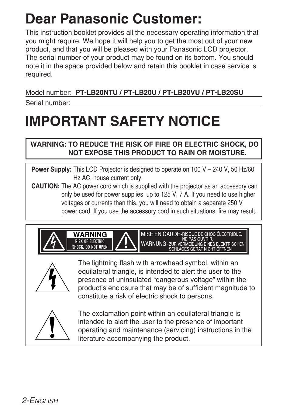 Preparation, Important safety notice, Important safety notice dear panasonic customer | Panasonic LB20NTU User Manual | Page 2 / 144