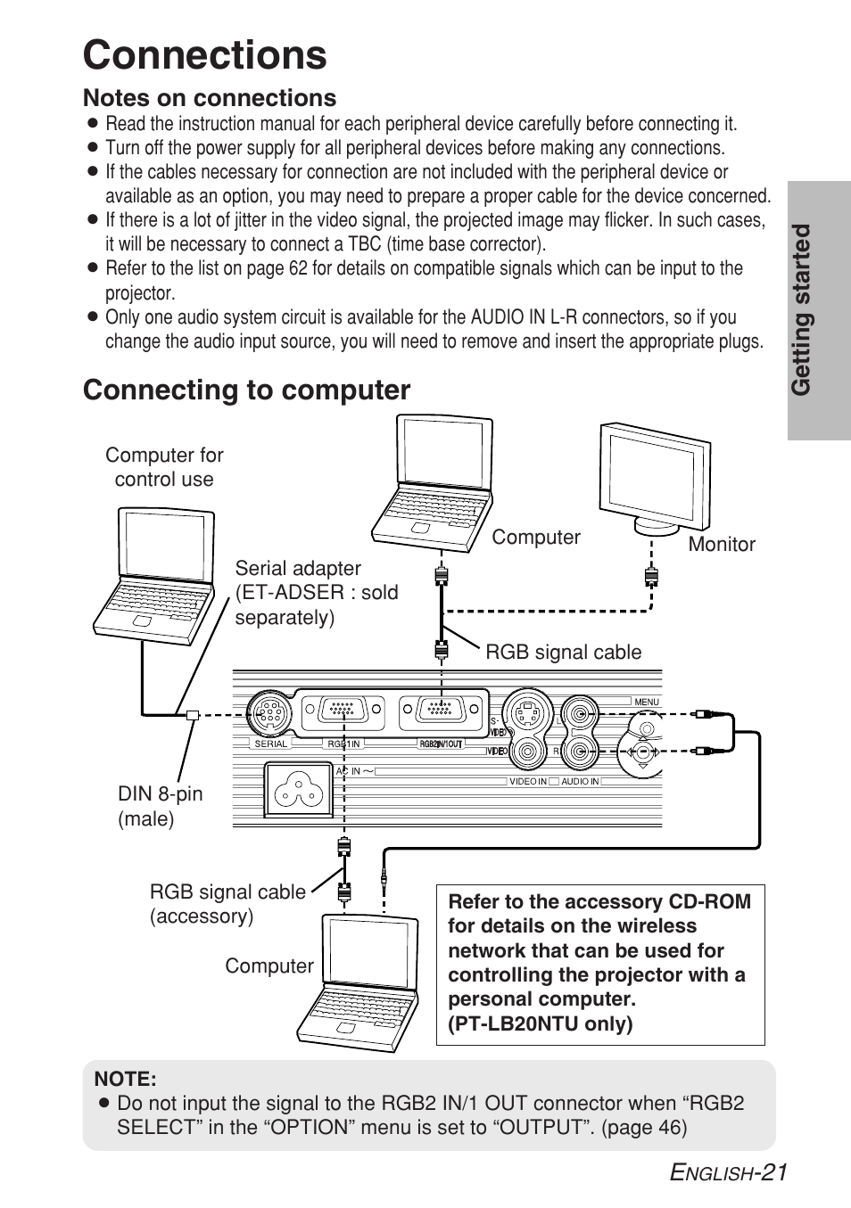 Connections, Connecting to computer | Panasonic LB20NTU User Manual | Page 21 / 144