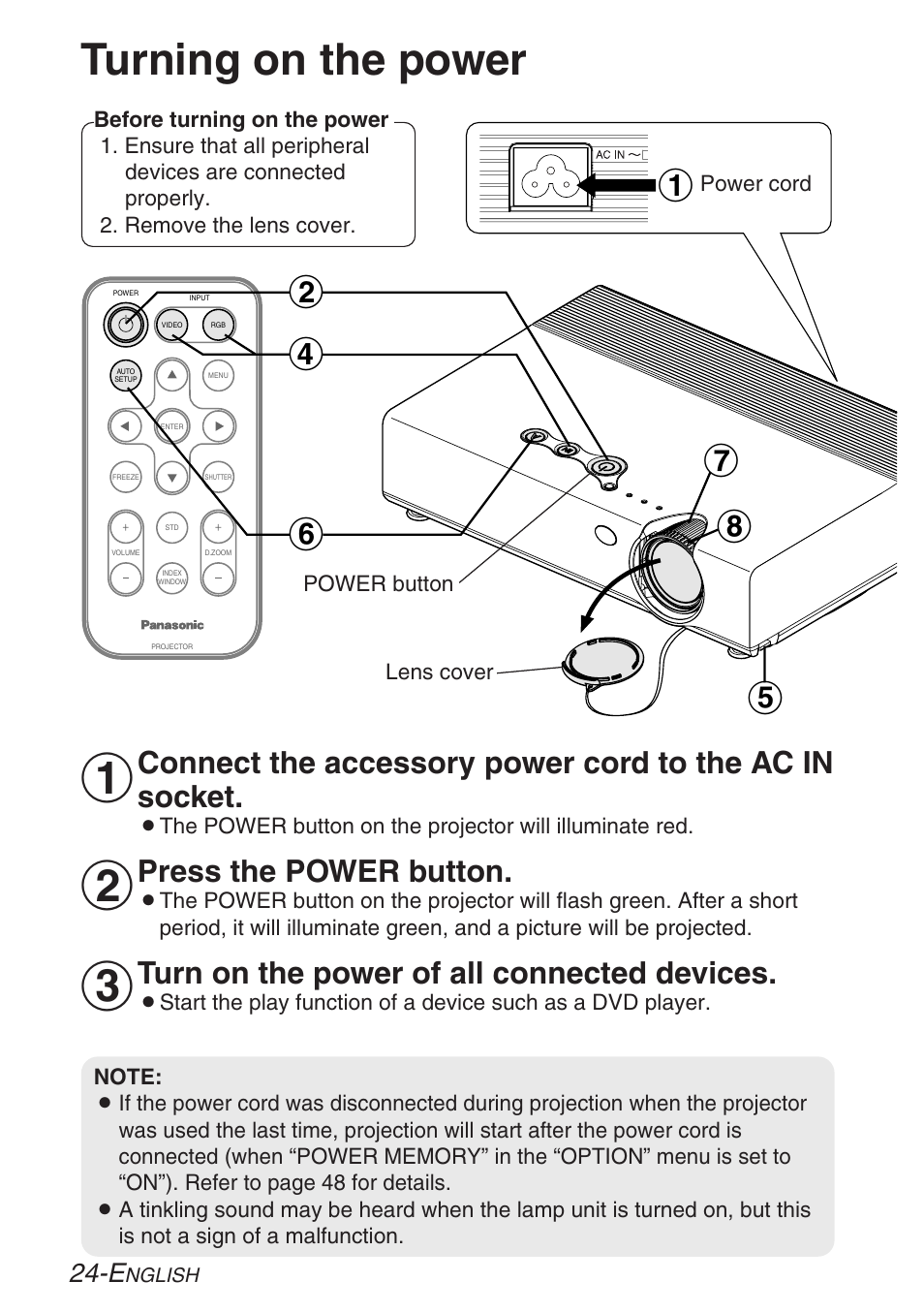 Basic operation, Turning on the power, Press the power button | Turn on the power of all connected devices | Panasonic LB20NTU User Manual | Page 24 / 144